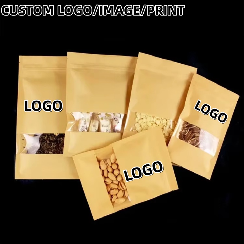 Logo Food Snack - ถุงซิปล็อคกระดาษคราฟท์ก้นแบนพร้อมหน้าต่างใส พิมพ์โลโก้ได้ตามต้องการ สำหรับบรรจุอาหาร เช่น เมล็ดกาแฟ เครื่องเทศ