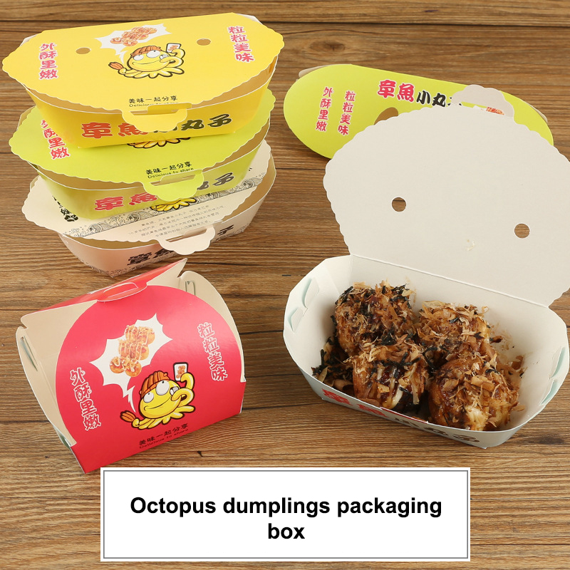 Food In Japanese Snacks - กล่องบรรจุภัณฑ์ทาโกะยากิแบบใช้แล้วทิ้งลายการ์ตูนรูปปลาหมึก 100 ชิ้น สำหรับอาหารญี่ปุ่นแบบสตรีทฟู้ด ขนมทานเล่นแบบนำกลับบ้าน กล่องใส่อาหารสำหรับงานปาร์ตี้