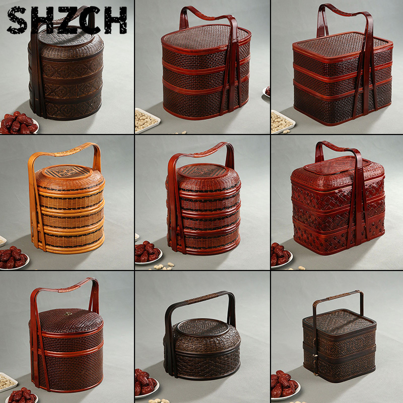 Food Snacks Hamper - ตะกร้าปิกนิกไม้ไผ่พร้อมฝาปิด กล่องใส่อาหารหลายชั้นสำหรับงานแต่งงาน กล่องเก็บผลไม้และขนม กล่องเบนโตะธรรมชาติพร้อมหูหิ้ว