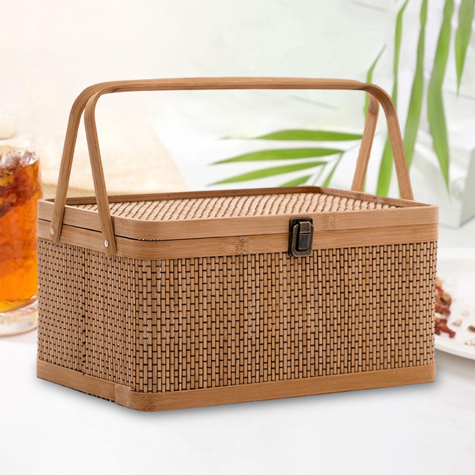 Food Snacks Hamper - ตะกร้าปิกนิกไม้ไผ่ทำมือพร้อมฝาปิดล็อคได้ สำหรับเก็บอาหาร ขนม และของใช้ตกแต่งสไตล์จีน