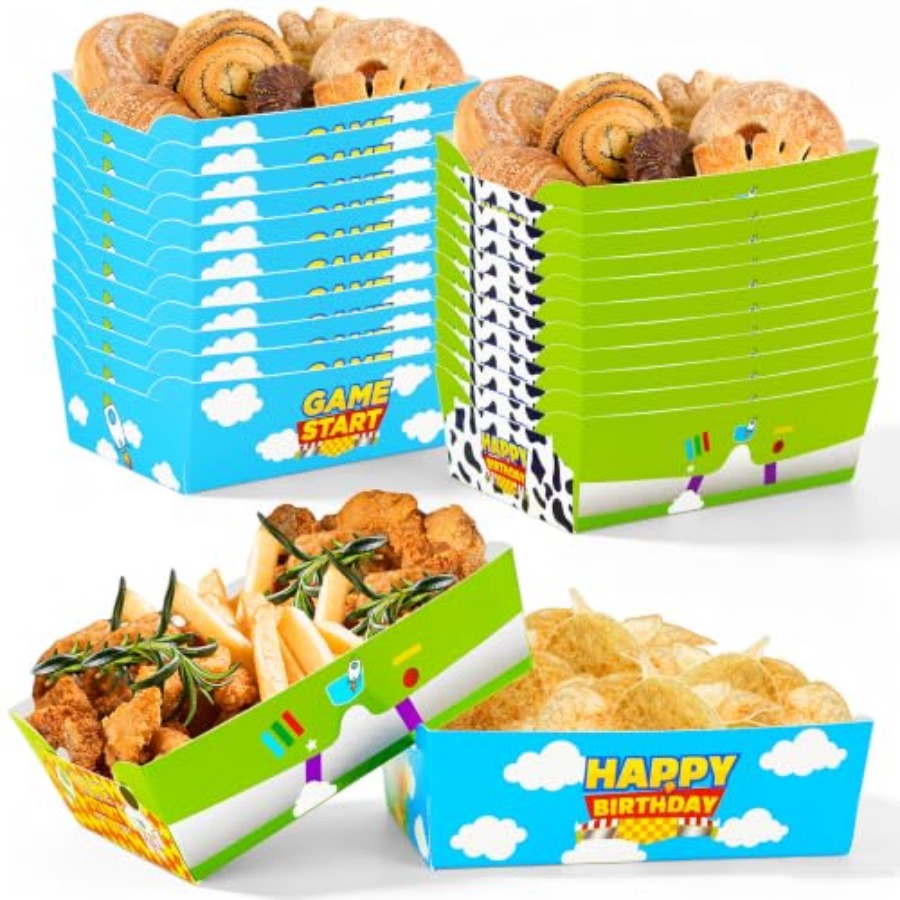 Food Snacks For Party - ถาดอาหารกระดาษลายการ์ตูน 24 ชิ้น แบบใช้แล้วทิ้ง ลายท้องฟ้าสีฟ้าและเมฆสีขาว ชามขนมธีมการ์ตูน