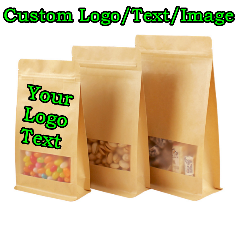Logo Food Snack - ถุงซิปล็อคกระดาษคราฟท์แบบตั้งได้ 3 มิติ 50 ชิ้น สำหรับใส่ขนม