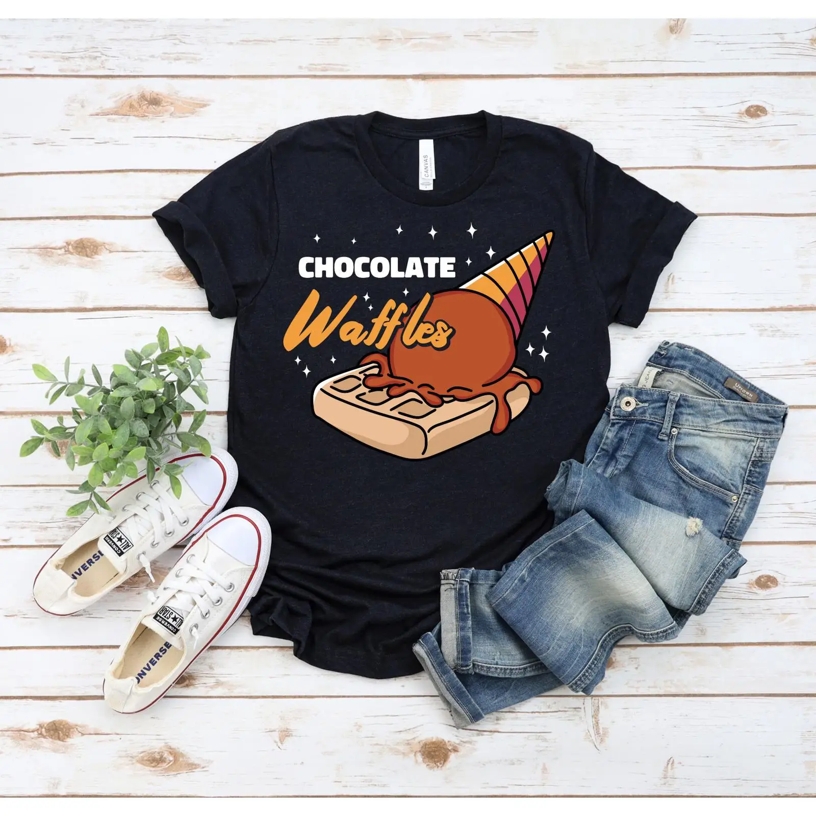 Foody Snacks - เสื้อยืดลายวาฟเฟิลและไอศกรีมช็อกโกแลต สำหรับคนรักขนมหวาน ตลกๆ สำหรับคนรักอาหาร สำหรับคนรักของว่าง สไตล์วินเทจ