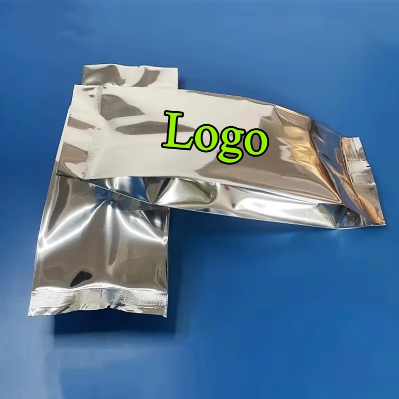 Logo Food Snack - ถุงฟอยล์อลูมิเนียมสีเงินเงาแบบมีซิปข้าง 100 ชิ้น สำหรับซีลความร้อน ใส่โลโก้ได้เอง เหมาะสำหรับบรรจุภัณฑ์ชา