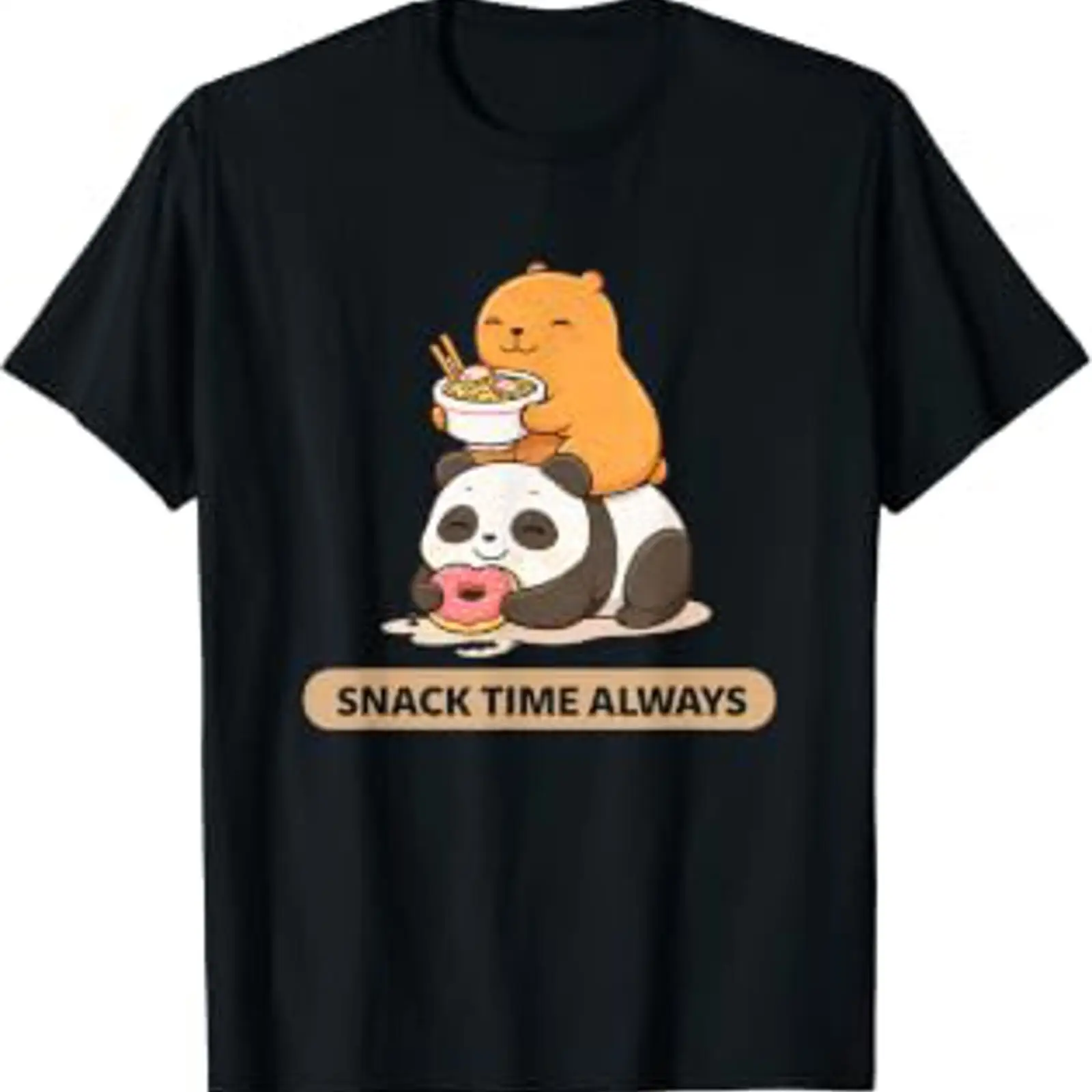 Foody Snacks - เสื้อยืดลายคาปิบาร่าแพนด้าสุดน่ารัก สไตล์วินเทจ ล้างสีแล้ว แฟชั่นผู้ชาย ยูนิเซ็กส์ ลายกราฟิกสบายๆ